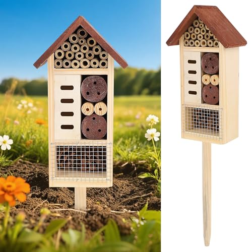Lulu Home Wooden Insect House with Stake, Hanging & Inserting Two Mount Ways Insect Hotel for Bee, Butterfly, Ladybirds, Beneficial Insect Habitat, Bug Hotel Garden, 19.7 X 3.4 X 5.4 Inch