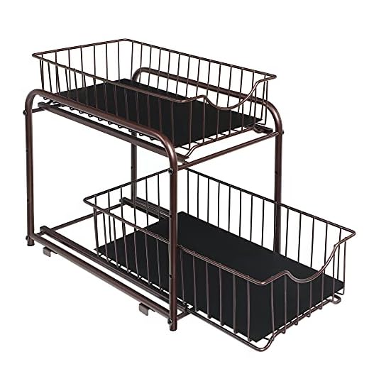 SONGMICS Pull Out Cabinet Organizer, 2-Tier Sliding Cabinet Organizer, Stackable Under Sink Cabinet Organizer with Storage Basket Drawers, for Kitchen, Bathroom, Espresso UKCS017A01