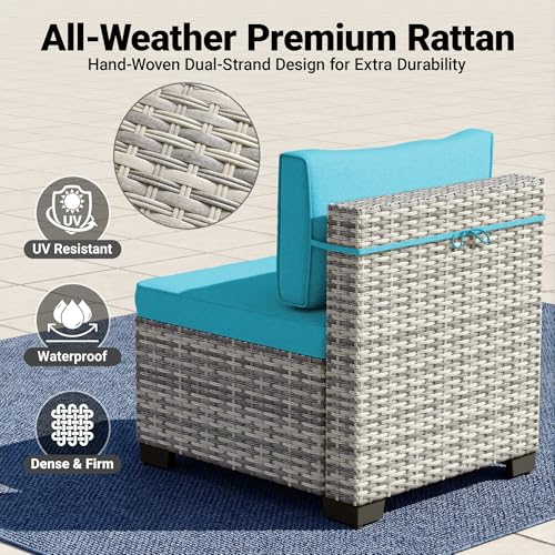 Image of 14-Piece Patio Furniture Set, Outdoor Sectional with Thick Cushions, Modular Patio Sofa, Dual-Strand Wicker Rattan, Rust-Resistant Frame, Backyard Furniture for Garden, Deck, Lake Blue