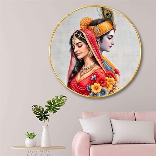 Image of SAF Radha Krishna Divine Couple Wall Painting - Traditional Spiritual Artwork in Round Golden Frame | Eternal Love & Harmony Decor for Living Room, Bedroom, Pooja Room & Office (20 X 20 Inch) GRL-294