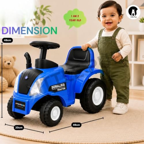 Image of Little Pup Kids Ride On Tractor Toy with Music & Horn, Steering Wheel, Comfortable Backrest, Wide Footrest & Sturdy Wheels for Boys & Girls (Blue)