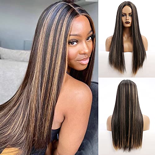 HAIRCUBE Long Straight Highlight Wig Black Mixed Brown Synthetic Wig for Black Women Natural Looking Heat Resistant Fiber Hair