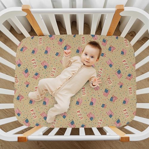 Image of Crib Sheet Breathable Soft Crib Mattress Sheet for Baby Toddler Boys Girls Fitted Crib Sheet Fit Standard Crib Mattress 52 x 28 Inch Tan July 4th American Flags