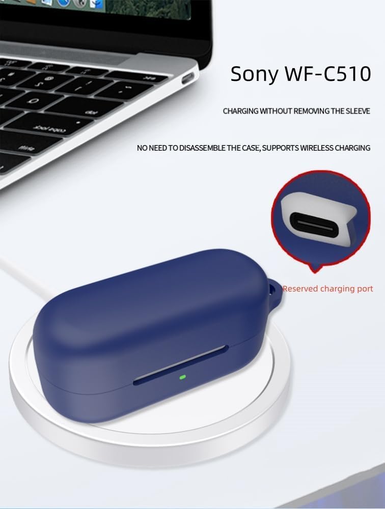 WELFO Case for Sonyy WF-C510 Truly Wireless in-Ear, Soft Silicone Protective Portable Scratch Shock Resistant Shell with Carabiner (Blue) 4