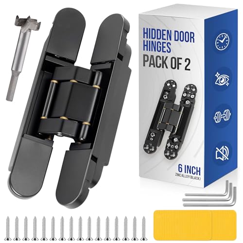 Upgraded Hidden Door Hinges Invisible Hinges, 6" Zinc Alloy Concealed Hinge Silent Invisible Door 3 Way Adjustable & 180° Swing Hinge Black（Pack of 2）(Fits Only Doors Over 35mm Thickness) by Hawaminent - Used condition - CA$59.47