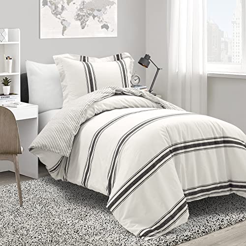 Image of Lush Decor Farmhouse Stripe Reversible Cotton Duvet Cover Twin XL Size 2 Piece Set Black - Twin XL Bedding Set - Striped Duvet Cover - Dorm Essentials
