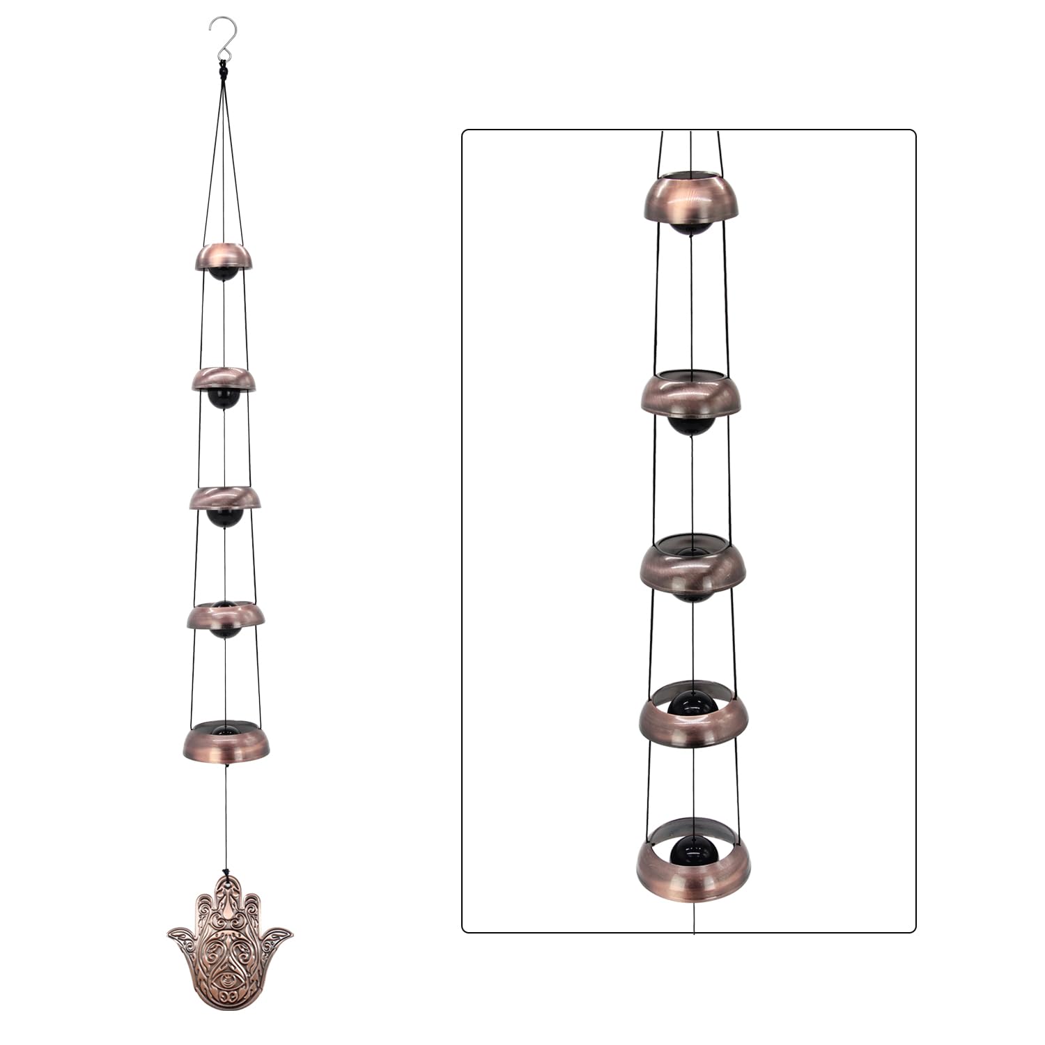 Copper Hand of God Temple Wind Chime – 5-Bell Red Copper Feng Shui Chime with Sacred Hand of God Medallion for Porch, Patio, Garden Décor & Memorial Keepsake