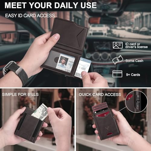 Image of VOGARD Smart Pop-Up Leather Wallet for Men & Women | RFID Blocking Card Holder with Money Clip | Slim Magnetic Bifold Wallet with Quick Access Button - Holds 14 Cards & Cash (Coffee)