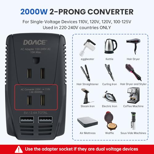 Upgraded 2000W 220V to 110V Converter for European Travel, Voltage Converter US to Europe for Hair Dryer Straightener Curling Iron, 2300W Adapter with EU/UK/AU/US Plugs for Laptop Camera Cell Phone