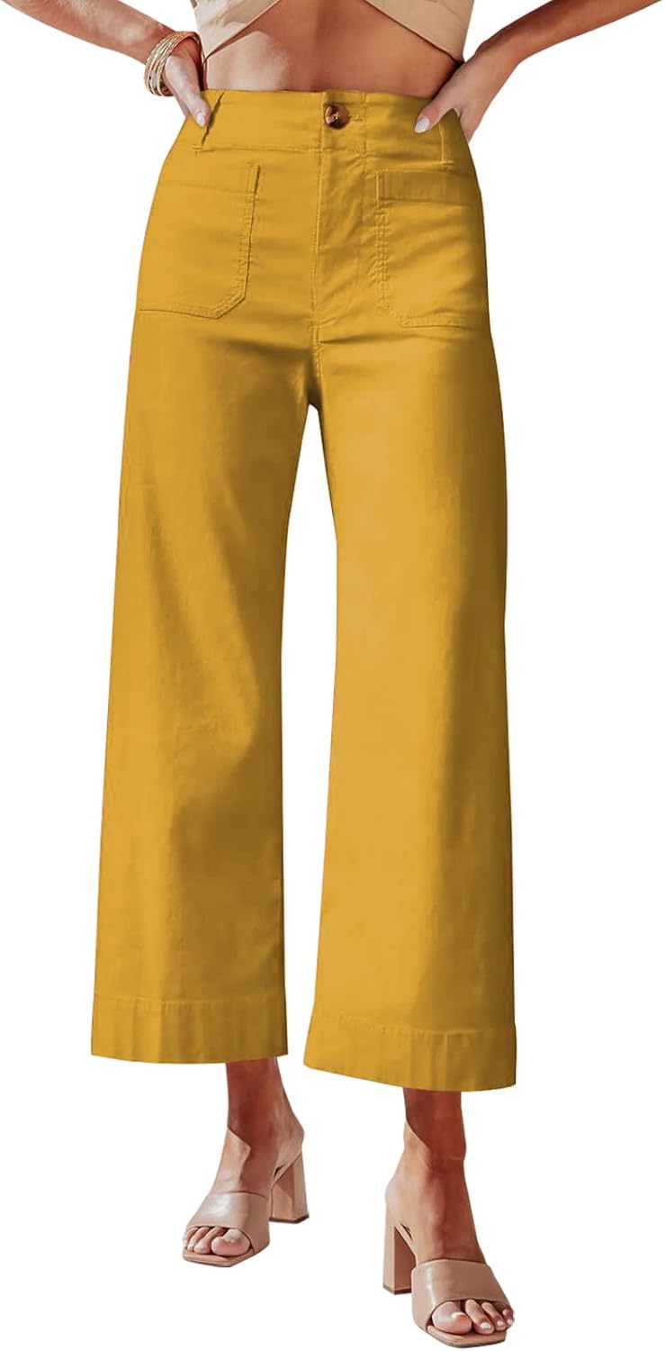 miduo Womens High Waisted Cropped Wide Leg Stretchy Straight Pants Trousers with Pockets