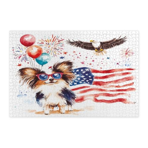 Rompecabezas de perro Papillon en madera con diseño patriótico del 4 de julio y 1000 piezas