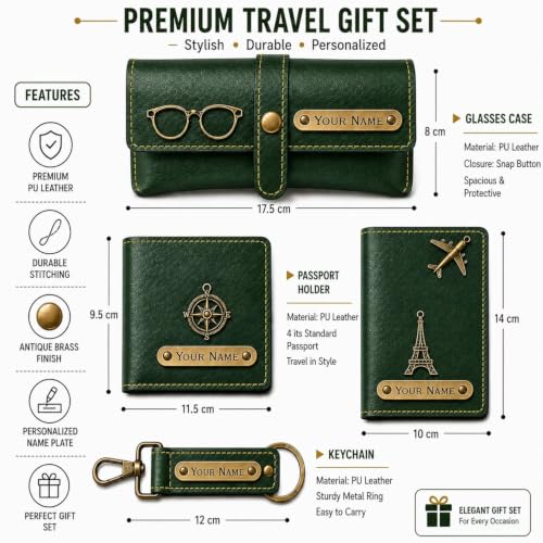Image of Customized Wallet Combo Gift Set for Men | Faux Leather Wallet, Passport Cover & Keychain with Name & Charm | Personalized Gift for Birthday, Rakhi & Anniversary (Green wkps)