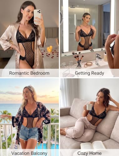 One Piece Lingerie for Women Sexy Lace Teddy Sheer Mesh Bodysuit Black XS - image 2