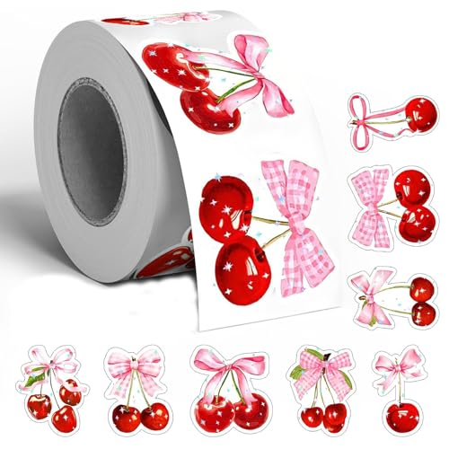 Cherry with Pink Bow Stickers Roll, 500pcs Cute Red Cherry Plaid Bow Decals for Gift Packaging Envelope Sealing Party Favors Water Bottle Journal Preppy Aesthetic Decor