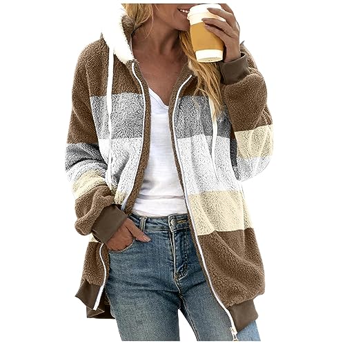 Fuzzy Fleece Jackets for Women Plus Size Hoodies Fall Winter Coats Color Block Patchwork Cardigan Coat with Pockets