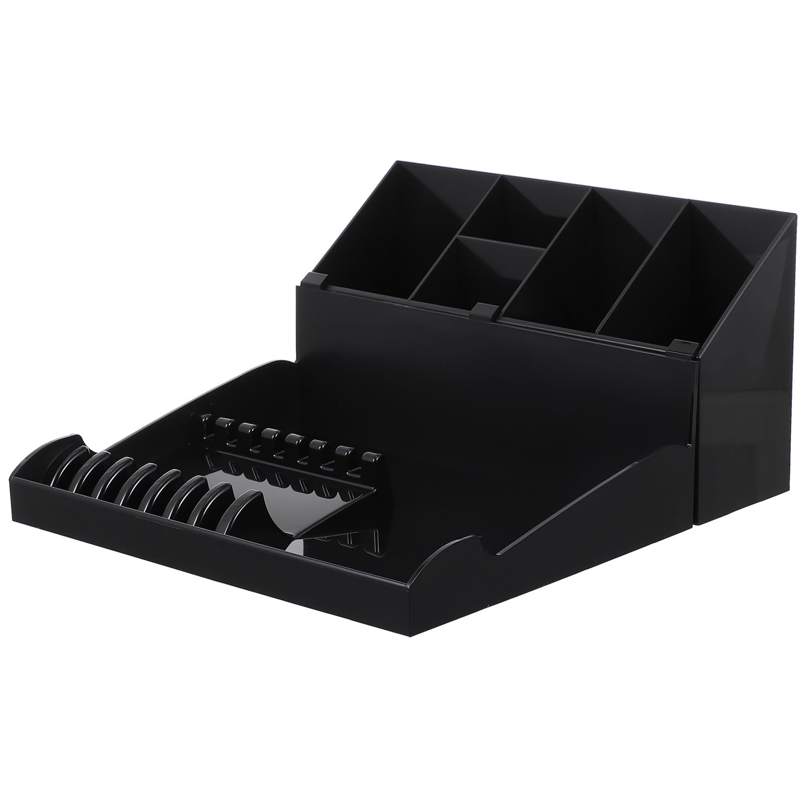 Caja de Almacenamiento para Cortes de Pelo Negra, Organizador Plástico Bandeja y Soporte, Porta Tijeras y Peine para Peluquería Profesional, Adecuado para Barberías y Uso