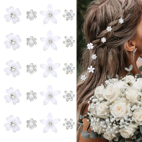 JOOTUEPO 20 Pièces de Minis Barrettes à Cheveux Blanches en Forme de Fleurs avec Strass, Charmantes Diamant Perle Fleur Petite Accessoires de Cheveux,...