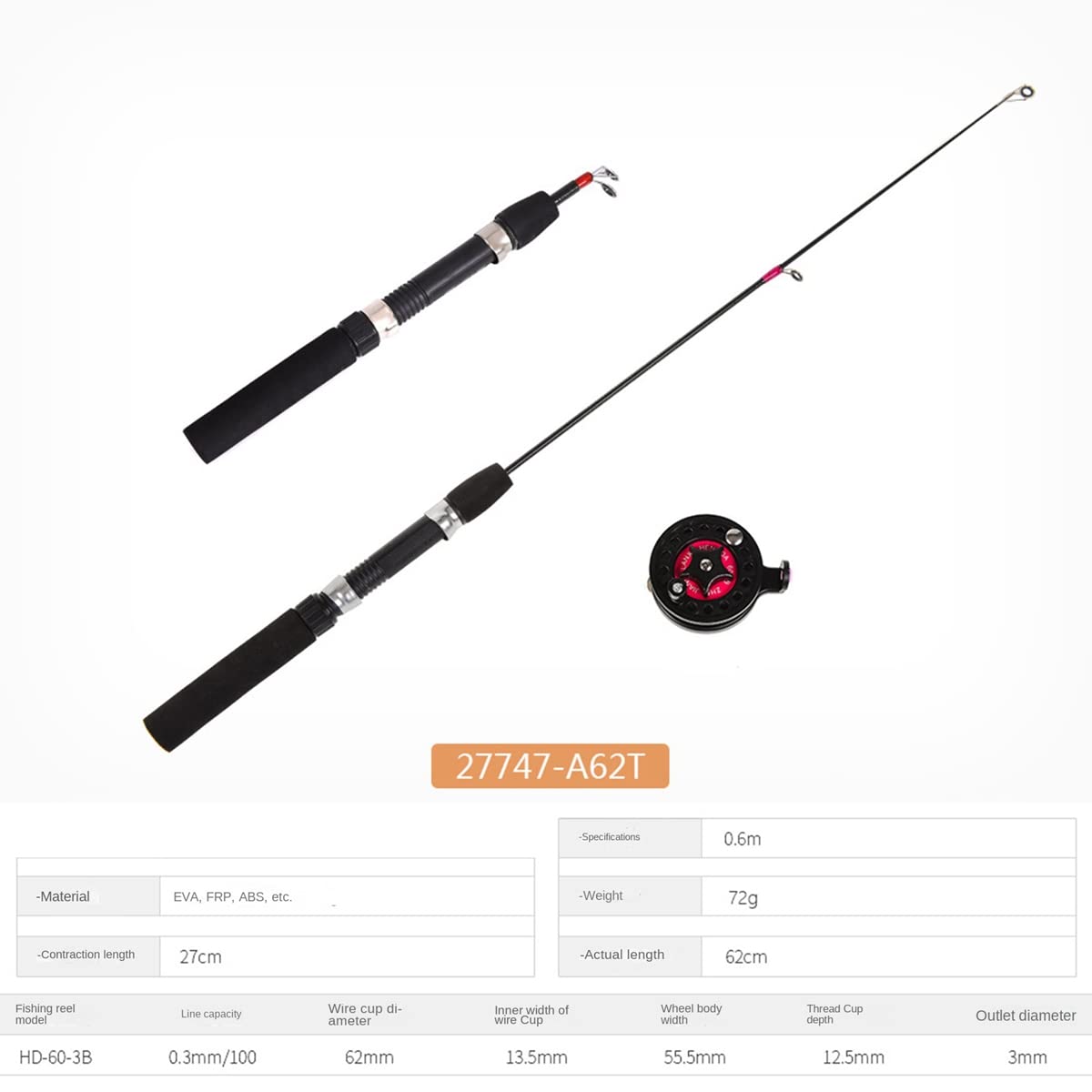 CañA de Pescar de Invierno en Hielo con Carrete Combo Set Pesca en Hielo Mini Alimentador 2 Secciones TelescóPica CañA de Pescar Rueda Kit
