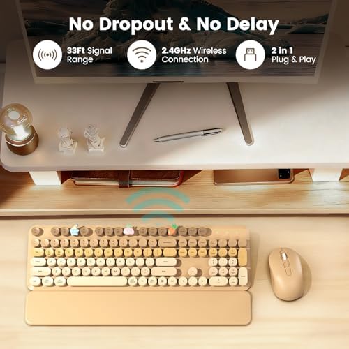 Wireless Keyboard and Mouse Combo, Full-Size Retro Typewriter Keyboard with Round Keycaps, Magnetic Wrist Rest & Tilt Legs, 2.4GHz Cordless for Mac/Windows PC/Laptop, SABLUTE CK23, Latte Gradient - 4