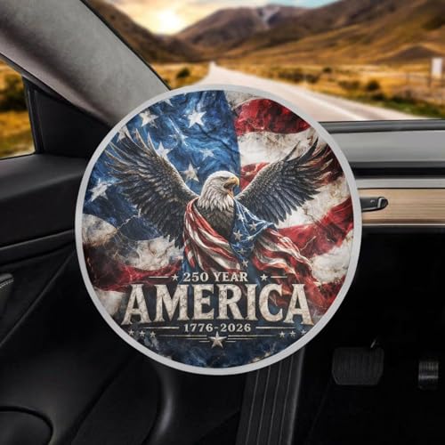 Image of Steering Wheel Cover Sunshade Easy to Install Eagle 250th Anniversary Steering Wheel Sun Shade Cover Block UV Rays Cool Car Interior Accessories for Sun Heat Fit Most Car
