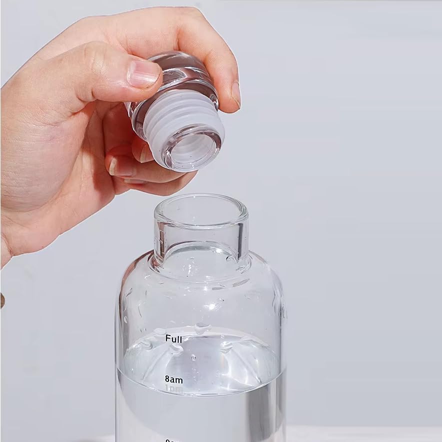Image of Glass Borosilicate Water Bottles, H2O Fridge Water Bottle With Cap, Leak Proof & Airtight Lid, Water Bottle For Office, School, College - 1000ML Bottles With Time Marker (White 1000ML)