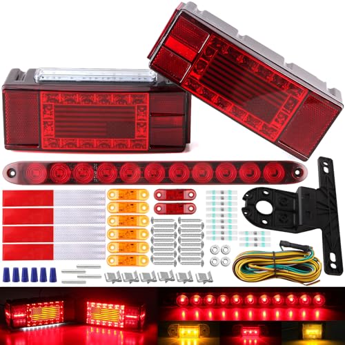 12V LED Trailer Lights Kit for Utility Trailer, LED Submersible Rectangular Brake Stop Turn License Lights Unique Flag w/8x Mini Side Clearance Marker Lights, 15