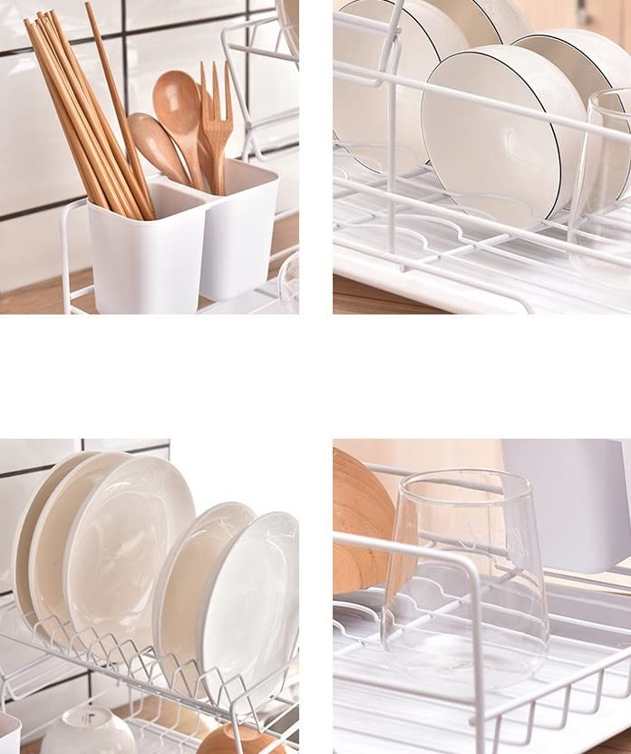 Abtropfkorb abtropfgestell klein 2-lagiges Abtropfgestell Mit Tellerabtropfgestell Und Abtropfschale Und Besteckkorb, Metalldrähte, Platzsparend Geschirr abtropfgestell spüle(White)