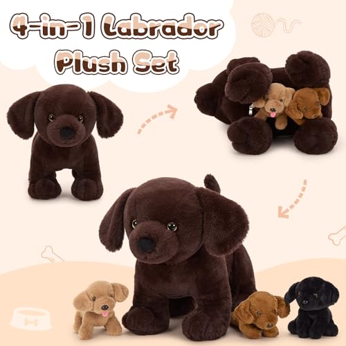 MorisMos 4 stücke Labrador Retriever Plüschtier Set, 40cm riesen Hund Kuscheltier Stofftier XXL Realistisch mit 3 Babys welpen im Bauch, Plüschhund Weihnachten Geschenk für Kinder Baby
