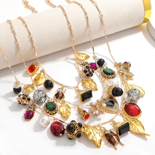 Vintage 3-Layered Pendant Charm Necklace for Women, Bohemian Ethnic Triple Layer Stackable Chain Necklace, Unique Statement Jewelry for Party Gift4