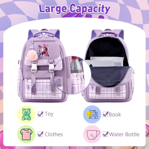 Luclay Kpop Schulrucksack Mädchen mit Rucksack, Unisex Schulranzen für Kinder Erwachsene Teenager, Schulrucksack Wasserdicht Schultasche für Schule Reise Freizeit Lila