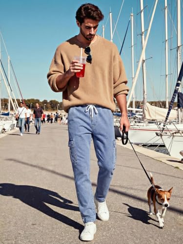 Image of JMIERR Men's Elastic Waist Cargo Jeans Stretch Denim Pants with Drawstring Straight Leg for Casual Daily Wear