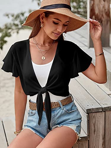 Zaful Women's Cardigans Shrugs For Dresses Short Sleeve Chiffon Cropped Bolero Sheer Cover Ups L Black #TOP2