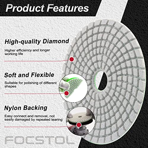 FOCSTOL Diamond Wet Polishing Pads - 6pcs 100mm Grit 50 Polishing Kit for Granite Marble Artificial Stone Quartz for Angle Grinder - Image 3