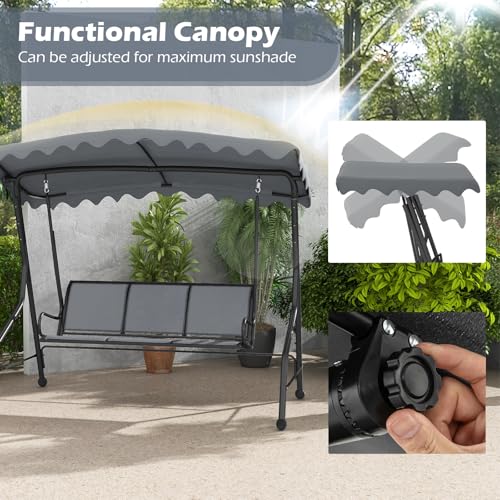 Image of Tangkula 3 Person Porch Swing, Patio Swing with Adjustable Canopy, Heavy-Duty Metal Frame & Breathable Seat, Outdoor Metal Swing for Backyard, Poolside, Balcony, Garden, 1000 lbs Max Load (Grey)