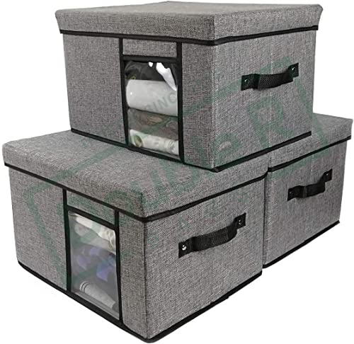 Image of Double R Bagd Fabric Storage Bins with Lid, 2 Handles and Clear Window, 16x12x10 inches (LxWxH) Washable Foldable Storage Basket Cube Box (Pack of 1, Grey)