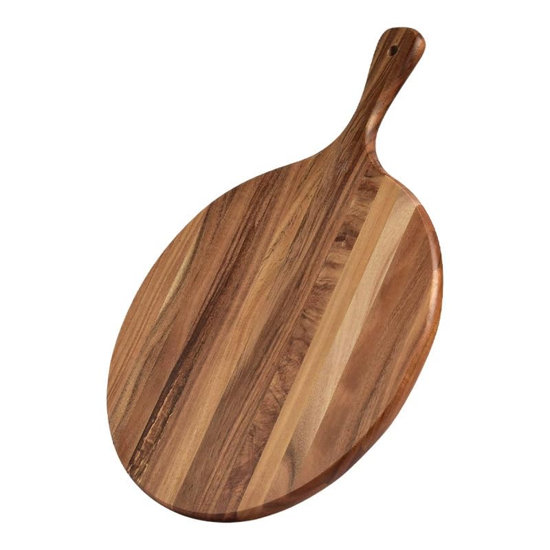 EazyBreezy Acacia Wood Large Cheese Board with Handle Round Charcuterie Board Pizza Cutting Board Serving Board for Pizza Cheese Meat Fruits Vegetables Bread - 12 Inch