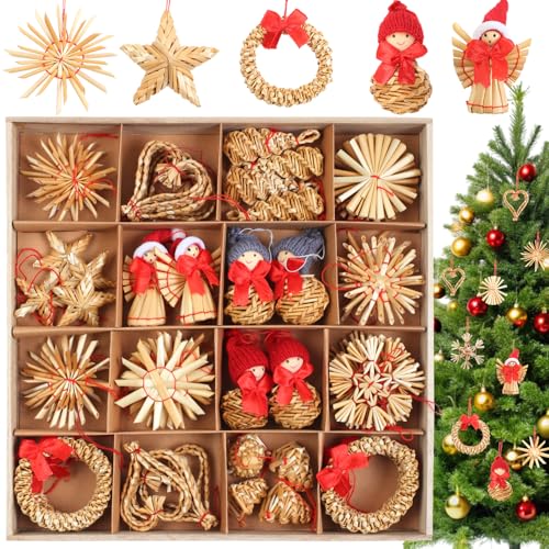 52PCS Straw Ornaments Set Christmas Scandinavian Decorations,Straw Decoration Xmas Tree Ornaments Wheat Hanging Pendants,Handmade Decor for Xmas Home Party (52)