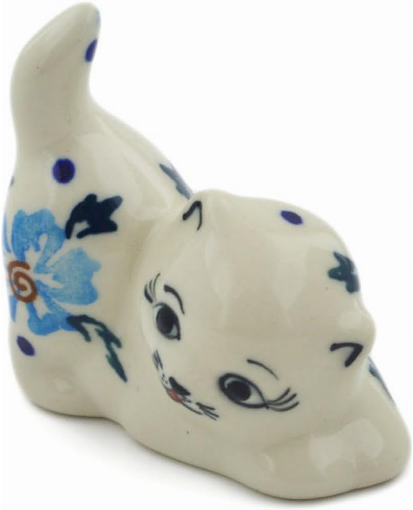 Polmedia Polish Pottery Cat Figurine - Blue Cornflower Pattern Handmade in Boleslawiec Poland by Ceramika Bona + Certificate of Authenticity