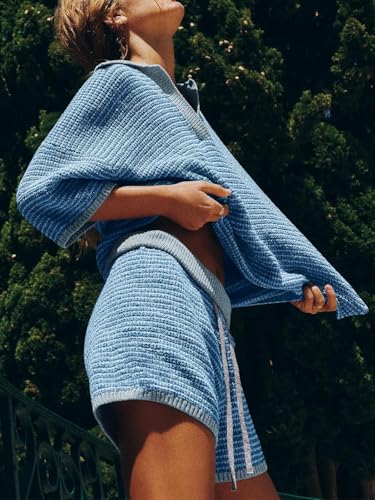 Image of Tankaneo Womens Sweater Set 2 Piece Outfits Oversized 3 /4 Sleeve V Neck Knit Tops High Waisted Shorts Lounge Sets