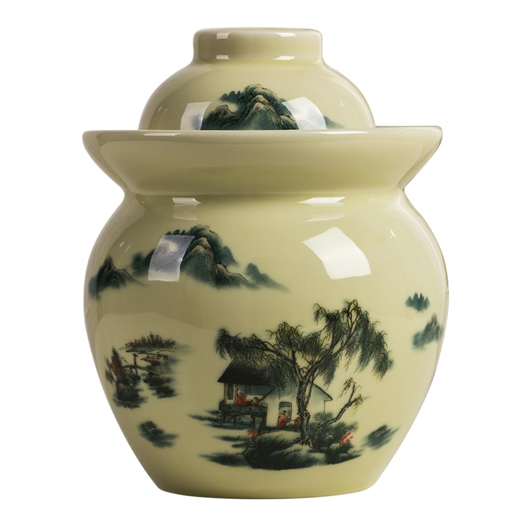 Qpzk Fermentation Jar Traditional Chinese Porcelain Pickle Jar,Ceramics Fermenting Crock Kit With Water Seal Airlock Lid, Pickle Jar For Pickles Kimchi, Sauerkraut 1.5Kg