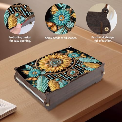 Image of MVVMTOP Diamond Painting Kit Wooden Storage Box, Dream Catcher DIY Special Shaped Diamond Flip Cover Wooden Money Box, Handmade Art Desktop Decorations Birthday Gifts for Friends