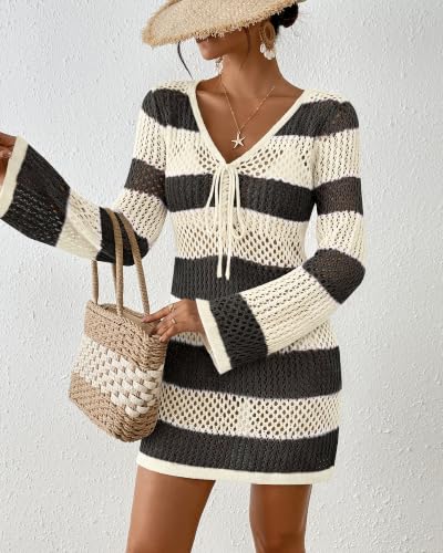 Image of Bsubseach Women Swimsuit Crochet Coverup Long Sleeve V Neck Beach Dress