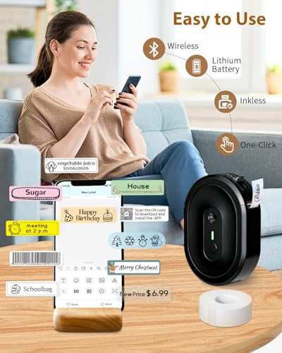Image of Label Maker Machine with Tape, N12 Portable Bluetooth Label Printer, Wireless Mini Label Makers Thermal Sticker with Multiple Templates for Home, Kitchen, School, Office Organization, Black