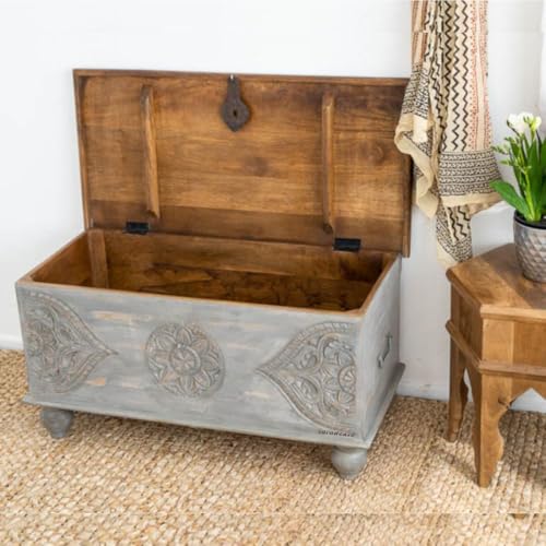 Image of Devin Wooden Trunk Box for Storage | Solid Wood Coffee Table for Living Room | Center Coffee Table with Storage | Front Wooden Carved Sandook Pitara for Home Decor & Bedroom (Grey Distress)
