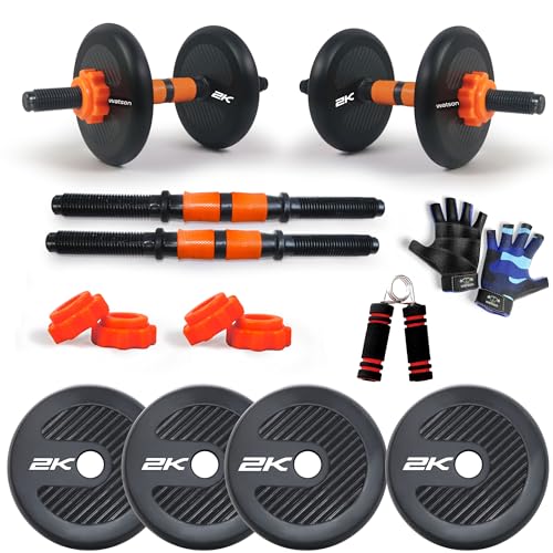 Image of WATSON Premium Rubber Dumbbell Set for Men & Women Fitness, Dumbbell Set with 8Kg (2Kgx4) Rubber Weight Plates, Hard PVC 14 inch Dumbbell Rods, Foam Gripper & Gym Gloves