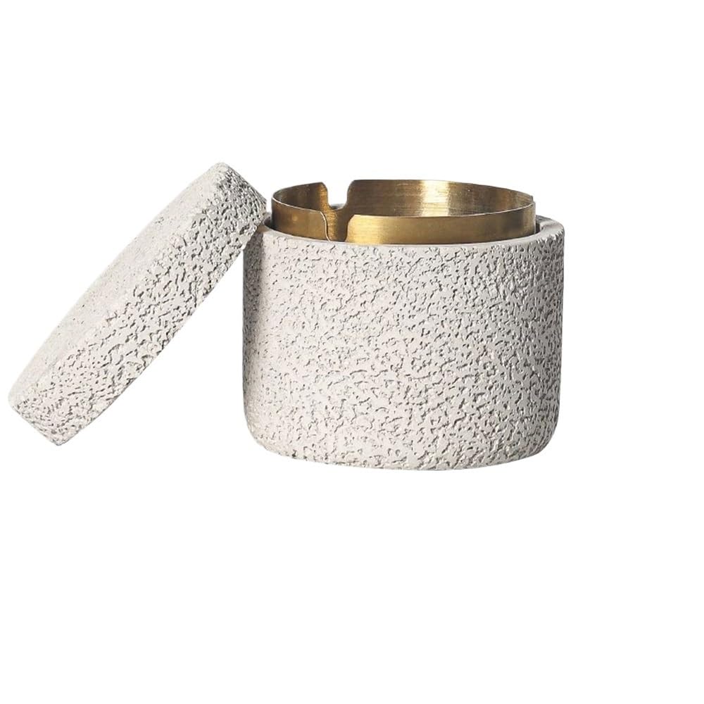 Indoor Decorative Concrete Ashtray with Lid Stainless Steel Desktop Ashtrays Cement Ash Tray Smoking Holder Indoor Outdoor Office Home Decor for Desktop(White)