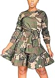 Molisry Women Camo Print O Neck Long Sleeves Ruffle Tie Elasic Band Bodycon Pleated Dress Green