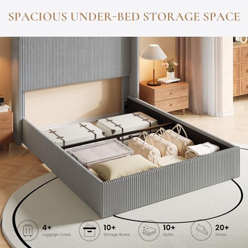 Image of SHA CERLIN Full Lift Up Storage Bed Frame, Upholstered Corduroy, Grey