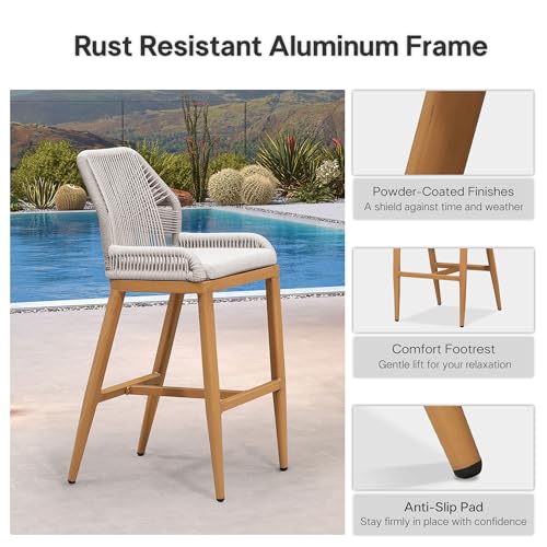 Image of PURPLE LEAF Bar Stools Set of 2 Outdoor Bar Height Metal Stools Modern Wicker Rattan Barstools with Back Aluminum Outside Garden Patio Bar Chairs, Teak