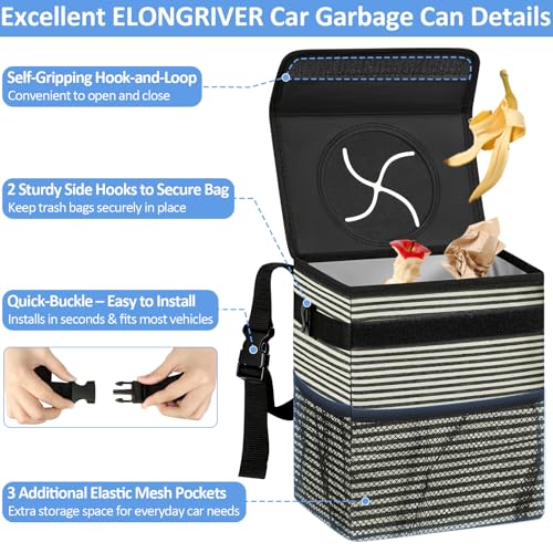 Image of ELONGRIVER Car Trash Can Bin for Back Seat Leak Proof, Cute Car Trash Bag Hanging, Vehicle Trash Can for SUV Truck Van, Automotive Garbage Cans Front Seat Stripe